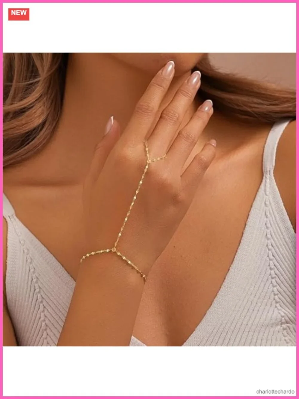14k Gold Plated Hand Chain Bracelet with Cubic Zircon Link Cuff